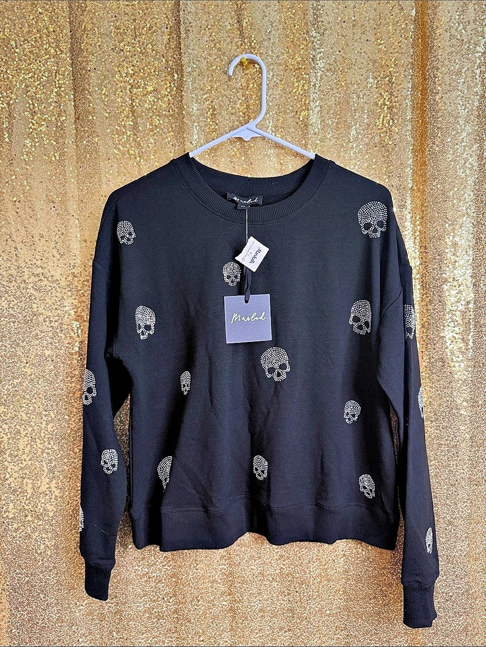 Marled Rhinestone Skull Crewneck Sweatshirt Black Medium